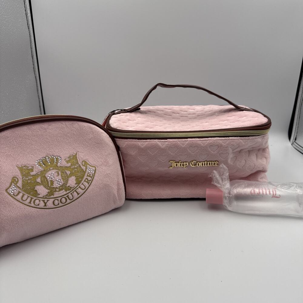 Set Of 3 Juicy Couture Pink Velour Train Case Makeup Bag Travel Cosmetic Case